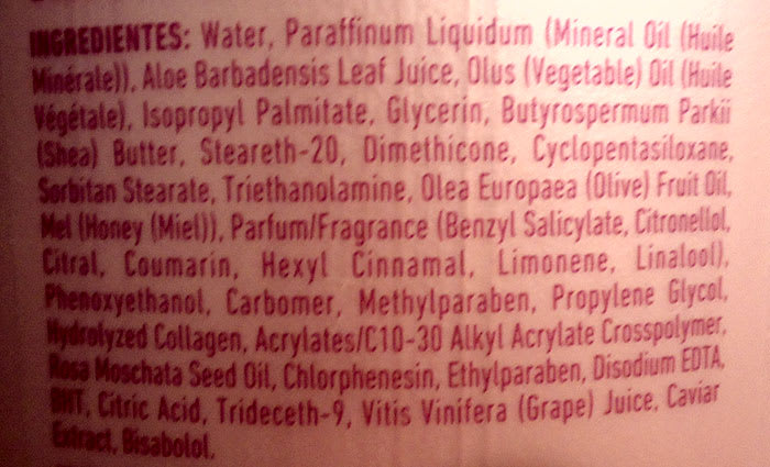 Ingredientes Crema corporal Elixir de juventud Revlon Natural Honey